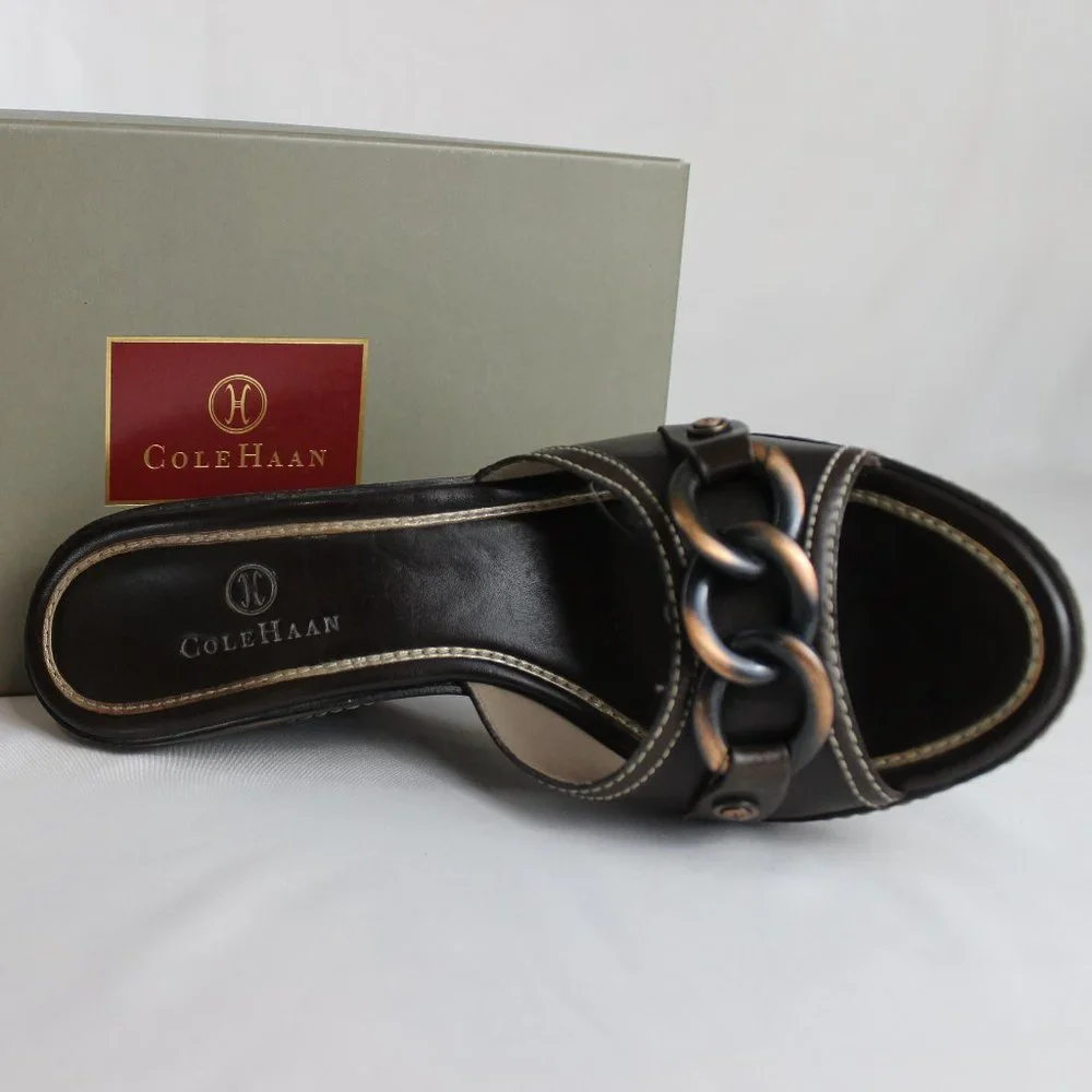 Cole Haan Kina Leather Sandal Slides - Elegant Brown Wedge - Picture 2 of 5
